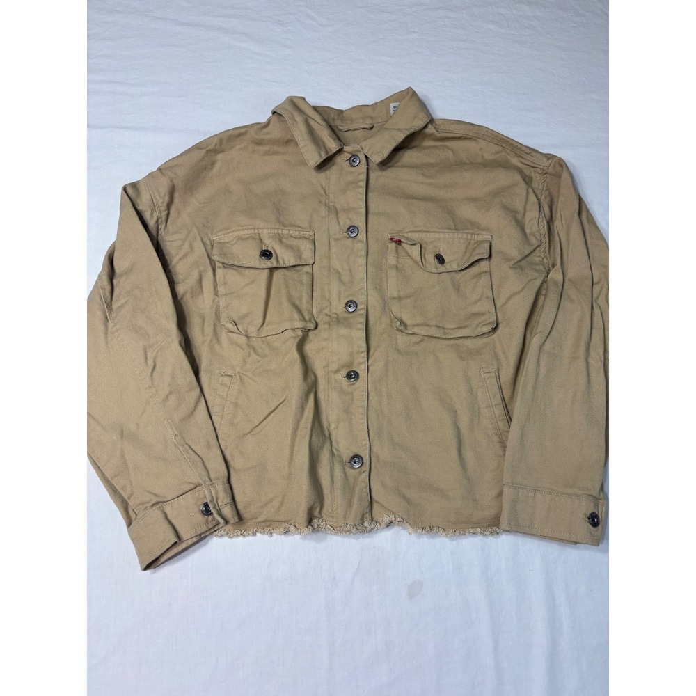 Levis Womens XXL Tan Khaki Cotton Twill Frayed Hem Trucker Jacket Utility Crop